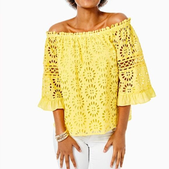 Lilly Pulitzer Yellow Off-Shoulder Eyelet Top size M - Picture 1 of 4